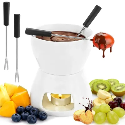 Fondue-Set, Keramik, 300 ml, 4 Gabeln, weiß