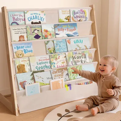 Produktbild von Caveen Kinder Bücherregal 5 Ebenen, Holz Kinderregal mit Stofffächern, Spielzimmer & Schlafzimmer, 67×30×75 cm, Naturholz