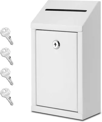 Imagen del producto de Caja de donaciones metálica blanca Unyqoos® con cerradura y 4 llaves, para montaje en pared, de 26 x 8 x 15 cm