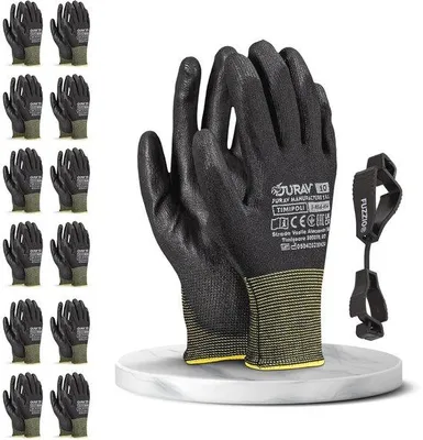 Productafbeelding van Werkhandschoenen voor heren en dames - 12 paar, maat 8, polyurethaan coating, ideaal voor montage en tuinwerk