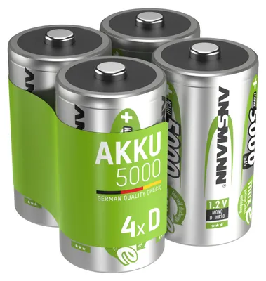 Four D-size rechargeable batteries in a green plastic holder.