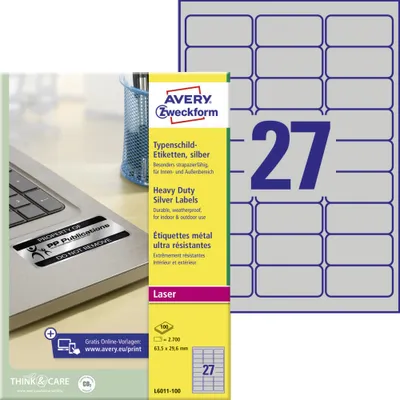 Produktbild von Avery Zweckform L6011-100 Typenschild-Etiketten, 63,5 x 29,6 mm, 100 Bogen/2.700 Etiketten, silber