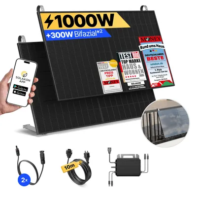 Produktbild von Balkonkraftwerk 1000W Solaranlage mit Balkon Halterung Steckerfertig Komplettset Photovoltaik Anlage 800W - onBasic, Kabellänge:10 m