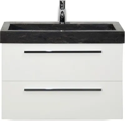 Produktbild von Sanox Badmöbel-Set Seville BxHxT 81 x 58 x 45,5 cm Frontfarbe weiß mit Waschtisch Naturstein schwarz Griff chrom 8170210