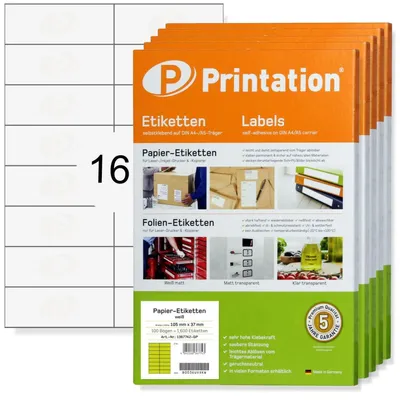 Etiketten 105x37 mm, 8000 Stück, weiß, A4, 500 Blatt