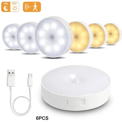 Produktbild von 6er-Pack LED-Leuchten - Unterbauleuchten - Bewegungssensor - USB-aufladbar - Selbstklebend - 5 V - 3 W - Weiß