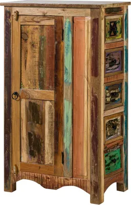 A multi-colored wooden cabinet with a single door and several small drawers on the side.