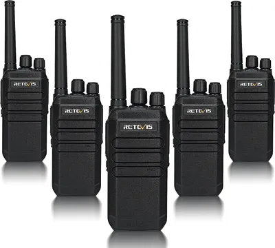 Five black walkie-talkies are arranged in a staggered row against a white background.