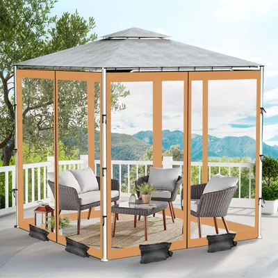 Image de Moustiquaire Outdoor pour pavillon & balcon, filet pour parasol en 4 parties avec fermeture éclair, sac de transport & sac de lestage inclus, brun, 300 x 360 cm