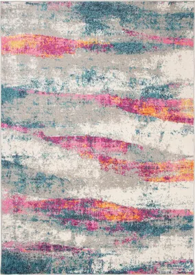 A close-up, abstract view of a rug with horizontal brushstroke-like patterns in various colors.