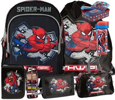Image de Ensemble de 7 pièces Spiderman : cartable, sac à dos, trousse, sac de sport, gourde, boîte à goûter, sac de voyage, portefeuille