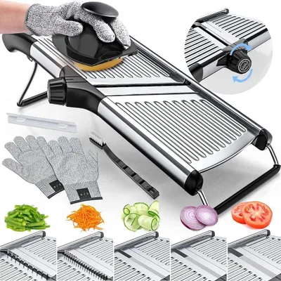 Obrázek produktu pro Nastavitelný multifunkční kráječ zeleniny, kuchyňské struhadlo, mandolína, kráječ brambor, rajčat, mrkve, zeleniny, ovoce a cibule – nerezová ocel – včetně 1 páru rukavic odolných proti proříznutí a kartáče