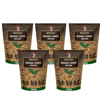 Five bags of wood chips are arranged in a staggered formation against a white background.