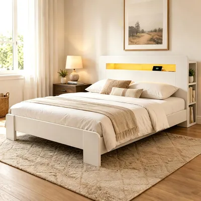 Produktbild von MODFU Doppelbett 140 x 200 Jugendbett mit LED und Steckdosen,Stauraumbett Bettgestell mit Stauraum im Kopfteil,ohne Matratze,Weiß