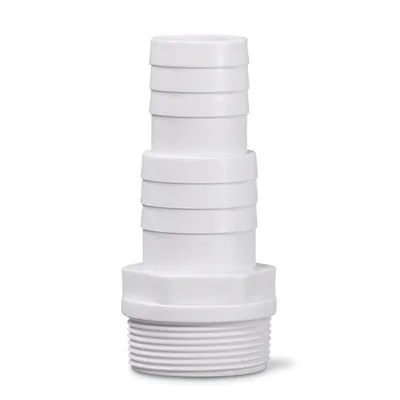 A white plastic hose adapter with threaded male end and stepped hose barb end, isolated on a white background.