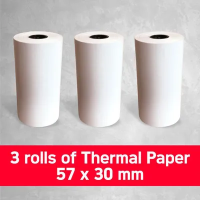 Three rolls of thermal paper are displayed against a light gray background.