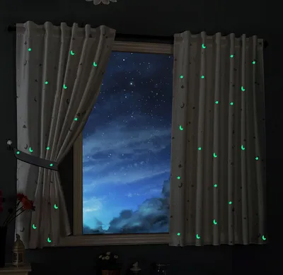 Produktbild von Vorhang Schal blickdicht lichtfurchlässig Motiv Sterne Monde fluoreszierend leuchtend Kinder Kids Schlaufenband Universalband Weiß 2 Stück 175x145 (Höhe x Breite cm) 20495