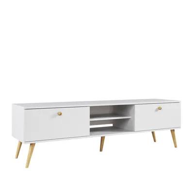 Produktbild von TV Lowboard 170 cm Weiß mit Schubladen Holzbeine Boho Skandi TV Schrank modern