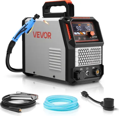 A VEVOR plasma cutter and its accessories are displayed on a white background.