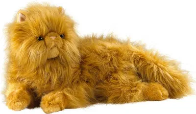 A plush toy cat lying down on a white background.