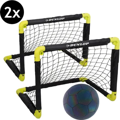 Zdjęcie produktu dla Zestaw bramek piłkarskich i świecącej piłki Dunlop – zestaw 2 bramek – 50 x 44 x 44 cm – piłka rozmiar 5 – tworzywo sztuczne – czarno-żółty