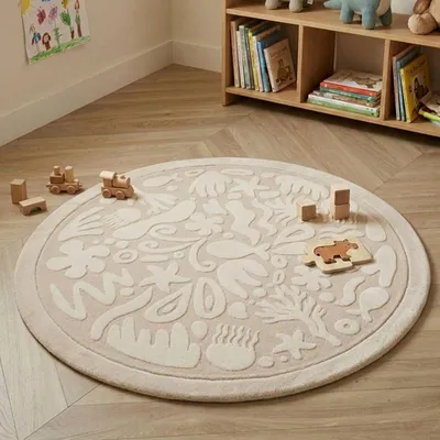 Produktbild von Litlle Olly - Waschbare Spielmatte Rund - Flo Beige - Ø 180cm - Kinderzimmer, Babyzimmer