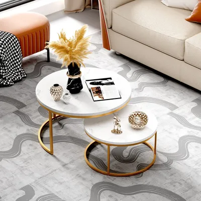 Produktbild von STILVORA 2er-set Couchtisch Satztisch mit Stabiler Eisenrahmen & leicht zu reinigende MDF-Tischplatte, Beistelltisch stapelbarer Sofatisch mit Bodenschutz,Ideal für Wohnzimmer & Büro,Gold