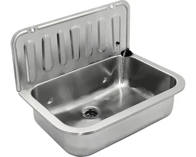 A stainless steel sink with a backsplash, shown from a slightly elevated angle against a white background.