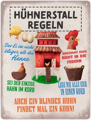 A vintage-style metal sign with chicken-themed illustrations and German text about chicken coop rules.