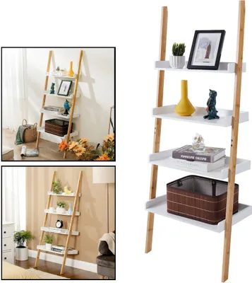 Produktbild von Deko Leiterregal Bambus Holz  - Holzdekorationsleiter - Offener Leiterschrank / Bambusleiter / Pflanzenleiter / Bücherregal / Luxuslagerregal mit 4 Stufen - Weiß - Decopatent