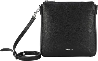A black leather shoulder bag with a strap is shown against a white background.