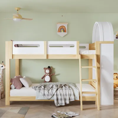 Obrázok produktu pre Dvojposchodová posteľ pre deti, rozmer 90x200, detská posteľ s poličkou, farba: biela, prírodná