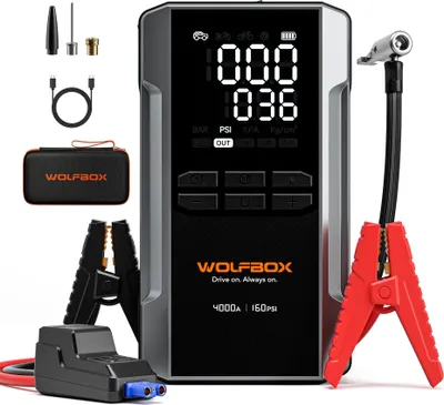 Produktbild von MEGAVOLT-24AIR - 12 V Starthilfe mit Luftkompressor - Spitzenstrom 1200 A - Akku 24000 mAh - 160 PSI Reifenpumpe - Zweiwege-Schnellladung - Schwarz