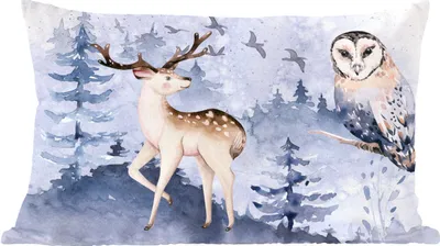 Produktbild von MuchoWow® Zierkissen Sofakissen Wohnzimmer Dekokissen 50x30 cm Winter - Wald - Eule - Hirsch - Wohnzimmerdekoration - Polster mit Photo