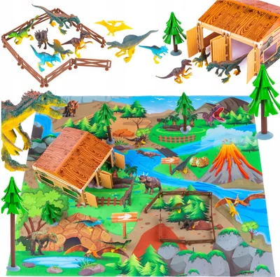 A collection of dinosaur toys and a play mat depicting a prehistoric landscape.