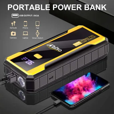 Image de Démarreur de secours - Booster de batterie - 12 V - Courant de pointe de 600 A - 20 000–30 000 mAh - Batterie lithium-ion - Éclairage de secours (SOS) - Convient aux voitures essence et diesel