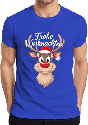 Produktbild von Frohe Weihnachten Rentier Rudolf Weihnachtsmütze Lustig Cartoon Herren T-Shirt, Blau, M