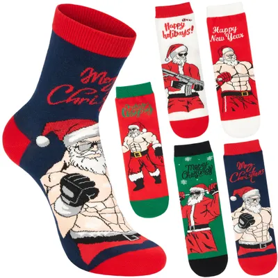 Produktbild von BRUBAKER 5 Paar Weihnachtssocken - Muskel Weihnachtsmann - Bodybuilder Santa - Lustige Herren Socken Weihnachten, Größe 41-45