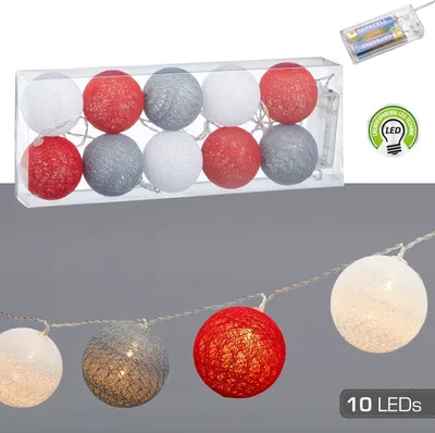 Produktbild von Lichterkette Baumwolleball 10 Kugeln Ø6cm LED weiß grau rot L165cm warmweiß batteriebetrieben Leuchtbälle Leuchtkugeln Girlande
