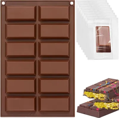 Produktbild von Schokoladenform Tief, 12 Mulden Schokoladenform Silikon mit 100 Pcs Süßigkeitentüte, Silikonform Schokolade 20 x 31,5 Cm, Schokoladenform Dubai Schokolade Antihaft BPA-frei Für Backen zu Hause