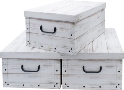 3er Set Aufbewahrungsbox mit Deckel 51 x 37 cm - Holzoptik weiß - Stapelbox aus Pappe mit Griffen 45 Liter - Organizer Storage Box Allzweck Spielzeug Kiste Geschenk Karton stapelbar