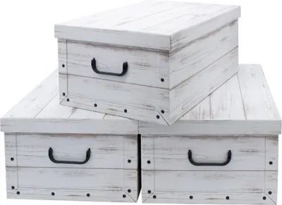 Produktbild von 3er Set Aufbewahrungsbox mit Deckel 51 x 37 cm - Holzoptik weiß - Stapelbox aus Pappe mit Griffen 45 Liter - Organizer Storage Box Allzweck Spielzeug Kiste Geschenk Karton stapelbar