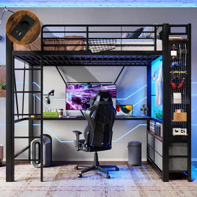 Obrázek produktu pro Merax patrová postel podkrovní postel 90x200 cm, s psacím stolem, 4 zásuvky, USB, Type-C, LED, závěsný prostor, závěsná deska, železná patrová postel dětská postel, černá