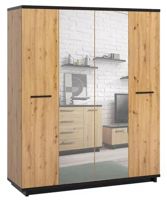 Produktbild von Kleiderschrank INES IN-10 mit 4 Türen Schrank 180x215 cm Drehtürenschrank Loft [Eiche Artisan + Schwarz]
