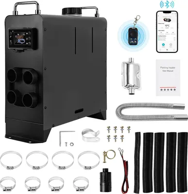 Obrázok produktu pre Ikodm Bluetooth dieselový ohrievač 8 kW, 12V/24V, s 4 výstupmi, 5-litrová nádrž, LCD displej a diaľkové ovládanie, mobilný ohrievač pre obytné prívesy a nákladné vozidlá, čierna farba