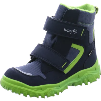 A single blue and green children's boot against a white background.