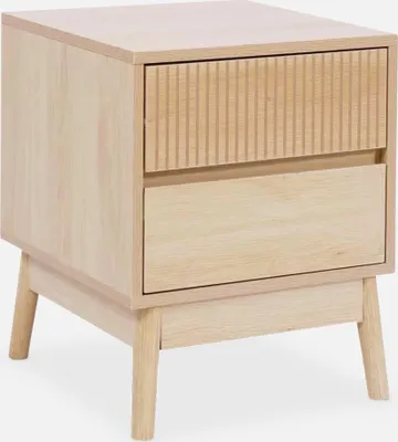 A light wood nightstand with two drawers is shown against a white background.