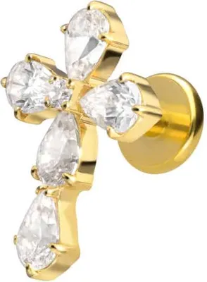 Produktbild von Ohrpiercing, Nasenpiercing Titan Labret mit Innengewinde KRISTALLKREUZ Gold Stablänge: 8mm | Stabstärke: 1,6mm
