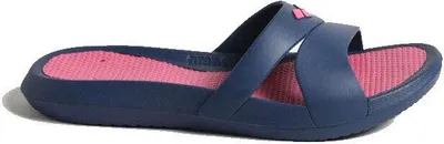 A single blue and pink slide sandal is shown against a white background.
