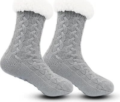 Produktbild von ASKSA Kuschelsocken Damen Herren Dicke Flauschige Socken mit Greifern Weiche Warme Winter Hu?ttensocken Haussocken, Hellgrau, Groesse: EU 36-44